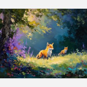 gentle, breeze, spring animals, foxes, wildlife art, nature scene, bright colors, palette knife, oil painting, impasto, textured surface, animal painting, springtime, modern wildlife art, painterly style, seasonal art, expressive painting