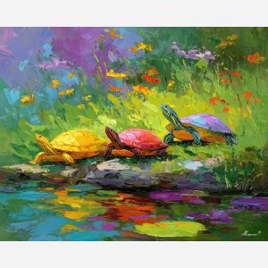 radiant, growth, spring animals, turtles, wildlife art, nature scene, bright colors, palette knife, oil painting, impasto, textured surface, animal painting, springtime, modern wildlife art, painterly style, seasonal art, expressive painting