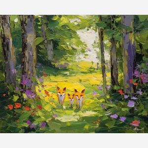 airy, balance, spring animals, foxes, wildlife art, nature scene, bright colors, palette knife, oil painting, impasto, textured surface, animal painting, springtime, modern wildlife art, painterly style, seasonal art, expressive painting