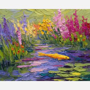 spring, path, spring animals, fish, wildlife art, nature scene, bright colors, palette knife, oil painting, impasto, textured surface, animal painting, springtime, modern wildlife art, painterly style, seasonal art, expressive painting