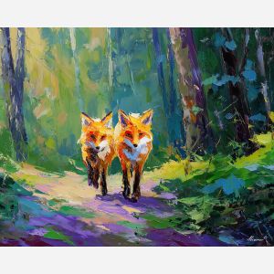 radiant, moment, spring animals, foxes, wildlife art, nature scene, bright colors, palette knife, oil painting, impasto, textured surface, animal painting, springtime, modern wildlife art, painterly style, seasonal art, expressive painting