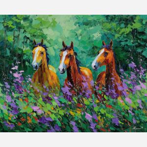 light, scene, spring animals, horses, wildlife art, nature scene, bright colors, palette knife, oil painting, impasto, textured surface, animal painting, springtime, modern wildlife art, painterly style, seasonal art, expressive painting
