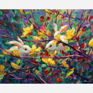 radiant, horizon, spring animals, rabbits, wildlife art, nature scene, bright colors, palette knife, oil painting, impasto, textured surface, animal painting, springtime, modern wildlife art, painterly style, seasonal art, expressive painting
