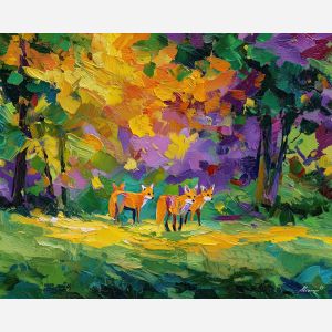 natural, breeze, spring animals, foxes, wildlife art, nature scene, bright colors, palette knife, oil painting, impasto, textured surface, animal painting, springtime, modern wildlife art, painterly style, seasonal art, expressive painting