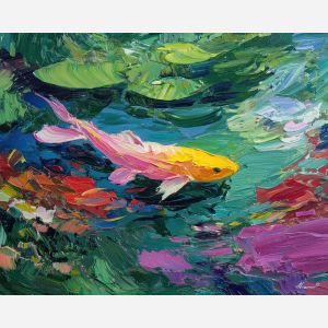 soft, air, spring animals, fish, wildlife art, nature scene, bright colors, palette knife, oil painting, impasto, textured surface, animal painting, springtime, modern wildlife art, painterly style, seasonal art, expressive painting