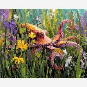open, view, spring animals, octopi, wildlife art, nature scene, bright colors, palette knife, oil painting, impasto, textured surface, animal painting, springtime, modern wildlife art, painterly style, seasonal art, expressive painting