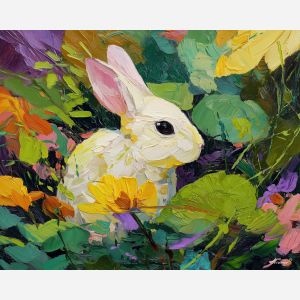 blooming, growth, spring animals, rabbits, wildlife art, nature scene, bright colors, palette knife, oil painting, impasto, textured surface, animal painting, springtime, modern wildlife art, painterly style, seasonal art, expressive painting