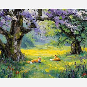 spring, land, spring animals, foxes, wildlife art, nature scene, bright colors, palette knife, oil painting, impasto, textured surface, animal painting, springtime, modern wildlife art, painterly style, seasonal art, expressive painting