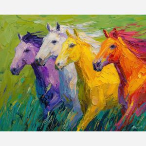 colorful, space, spring animals, horses, wildlife art, nature scene, bright colors, palette knife, oil painting, impasto, textured surface, animal painting, springtime, modern wildlife art, painterly style, seasonal art, expressive painting