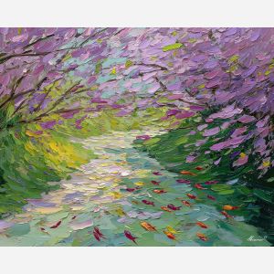 airy, path, spring animals, fish, wildlife art, nature scene, bright colors, palette knife, oil painting, impasto, textured surface, animal painting, springtime, modern wildlife art, painterly style, seasonal art, expressive painting