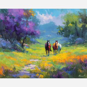 soft, path, spring animals, horses, wildlife art, nature scene, bright colors, palette knife, oil painting, impasto, textured surface, animal painting, springtime, modern wildlife art, painterly style, seasonal art, expressive painting