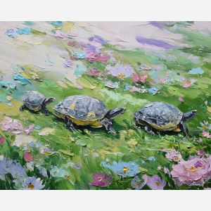 flowing, motion, spring animals, turtles, wildlife art, nature scene, bright colors, palette knife, oil painting, impasto, textured surface, animal painting, springtime, modern wildlife art, painterly style, seasonal art, expressive painting