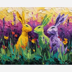 clear, air, spring animals, hares, wildlife art, nature scene, bright colors, palette knife, oil painting, impasto, textured surface, animal painting, springtime, modern wildlife art, painterly style, seasonal art, expressive painting