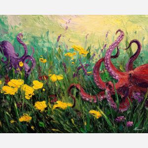 wild, space, spring animals, octopi, wildlife art, nature scene, bright colors, palette knife, oil painting, impasto, textured surface, animal painting, springtime, modern wildlife art, painterly style, seasonal art, expressive painting