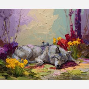 flowing, space, spring animals, wolves, wildlife art, nature scene, bright colors, palette knife, oil painting, impasto, textured surface, animal painting, springtime, modern wildlife art, painterly style, seasonal art, expressive painting