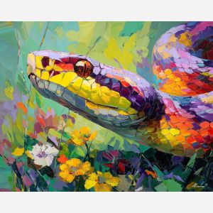 light, clearing, spring animals, snakes, wildlife art, nature scene, bright colors, palette knife, oil painting, impasto, textured surface, animal painting, springtime, modern wildlife art, painterly style, seasonal art, expressive painting