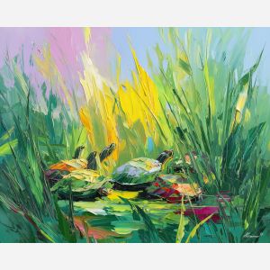 green, path, spring animals, turtles, wildlife art, nature scene, bright colors, palette knife, oil painting, impasto, textured surface, animal painting, springtime, modern wildlife art, painterly style, seasonal art, expressive painting