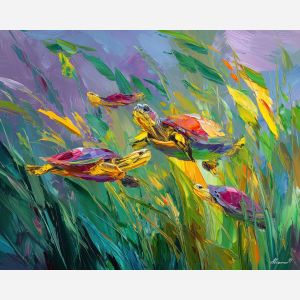 gentle, field, spring animals, turtles, wildlife art, nature scene, bright colors, palette knife, oil painting, impasto, textured surface, animal painting, springtime, modern wildlife art, painterly style, seasonal art, expressive painting