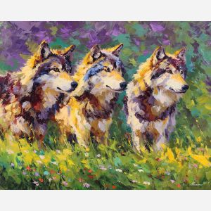 natural, growth, spring animals, wolves, wildlife art, nature scene, bright colors, palette knife, oil painting, impasto, textured surface, animal painting, springtime, modern wildlife art, painterly style, seasonal art, expressive painting