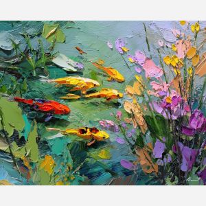 spring, clearing, spring animals, fish, wildlife art, nature scene, bright colors, palette knife, oil painting, impasto, textured surface, animal painting, springtime, modern wildlife art, painterly style, seasonal art, expressive painting