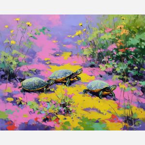 spring, balance, spring animals, turtles, wildlife art, nature scene, bright colors, palette knife, oil painting, impasto, textured surface, animal painting, springtime, modern wildlife art, painterly style, seasonal art, expressive painting