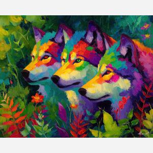 wild, season, spring animals, wolves, wildlife art, nature scene, bright colors, palette knife, oil painting, impasto, textured surface, animal painting, springtime, modern wildlife art, painterly style, seasonal art, expressive painting