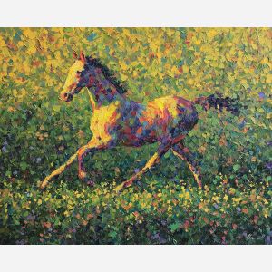 sunlit, space, spring animals, horses, wildlife art, nature scene, bright colors, palette knife, oil painting, impasto, textured surface, animal painting, springtime, modern wildlife art, painterly style, seasonal art, expressive painting