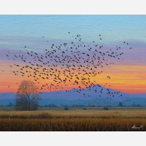 starling birds,dusk sky,group motion,oil painting