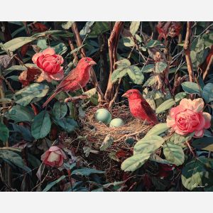 spring birds,nesting scene,oil painting