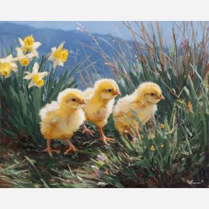 spring chicks,open field,oil painting