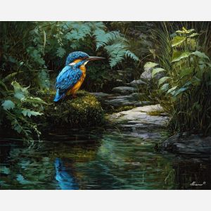 kingfisher,bird portrait,river perch,blue feathers,oil painting,nature bird,calm water,feather detail,wildlife art,avian scene,still moment,soft light,natural colors,realistic bird,tranquil mood,riverbank,branch perch,focused gaze,wild bird,peaceful scene