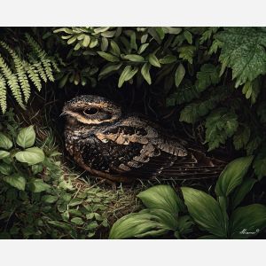 nightjar bird,camouflage feathers,forest floor,oil painting,hidden bird,nature stillness