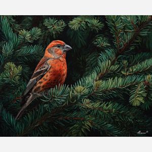 crossbill bird,evergreen tree,forest scene,oil painting