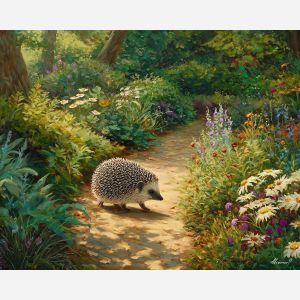 spring hedgehog,garden path,oil painting