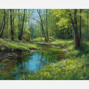 spring river,growth landscape,oil painting