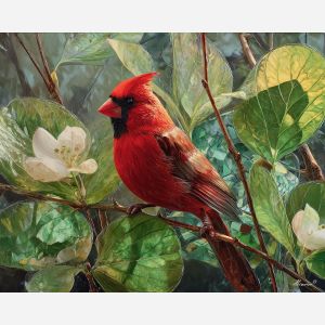 cardinal bird,red feathers,spring foliage,oil painting,nature bird,avian portrait,soft light,leaf texture,calm wildlife scene