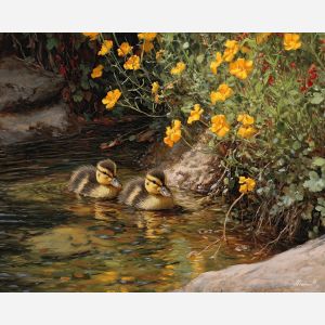 spring ducklings,stream scene,oil painting