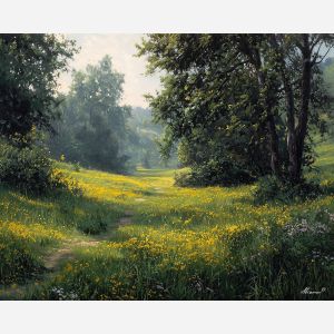 spring meadow,sunlight paths,oil painting