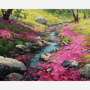 spring petals,stream edge,oil painting