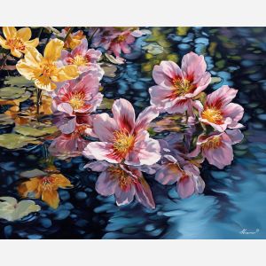 spring reflection,water flowers,oil painting