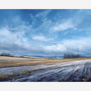 spring thaw,green fields,morning calm,oil painting