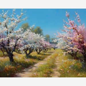 spring orchard,blossoming trees,oil painting