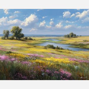 spring plains,river flowers,oil painting