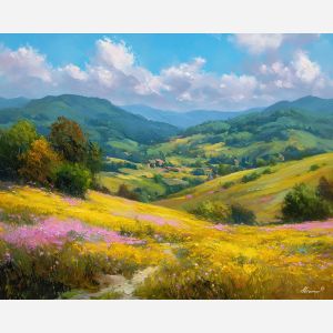 spring hills,falling petals,oil painting