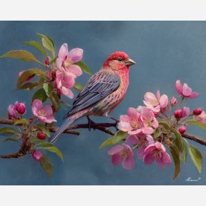finch bird,flower branch,spring calm,oil painting