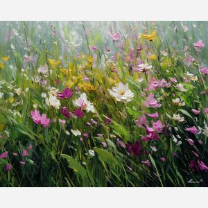 spring meadow,flower petals,morning light,oil painting