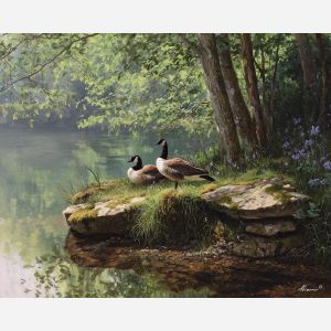 spring geese,pond scene,oil painting