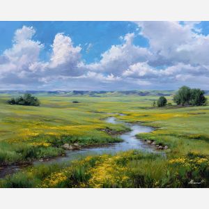 spring plains,river landscape,oil painting