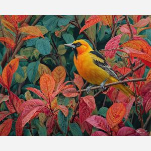 oriole bird,bright feathers,tree canopy,oil painting