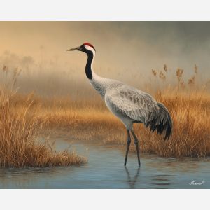 crane bird,wetland shadow,calm stance,oil painting